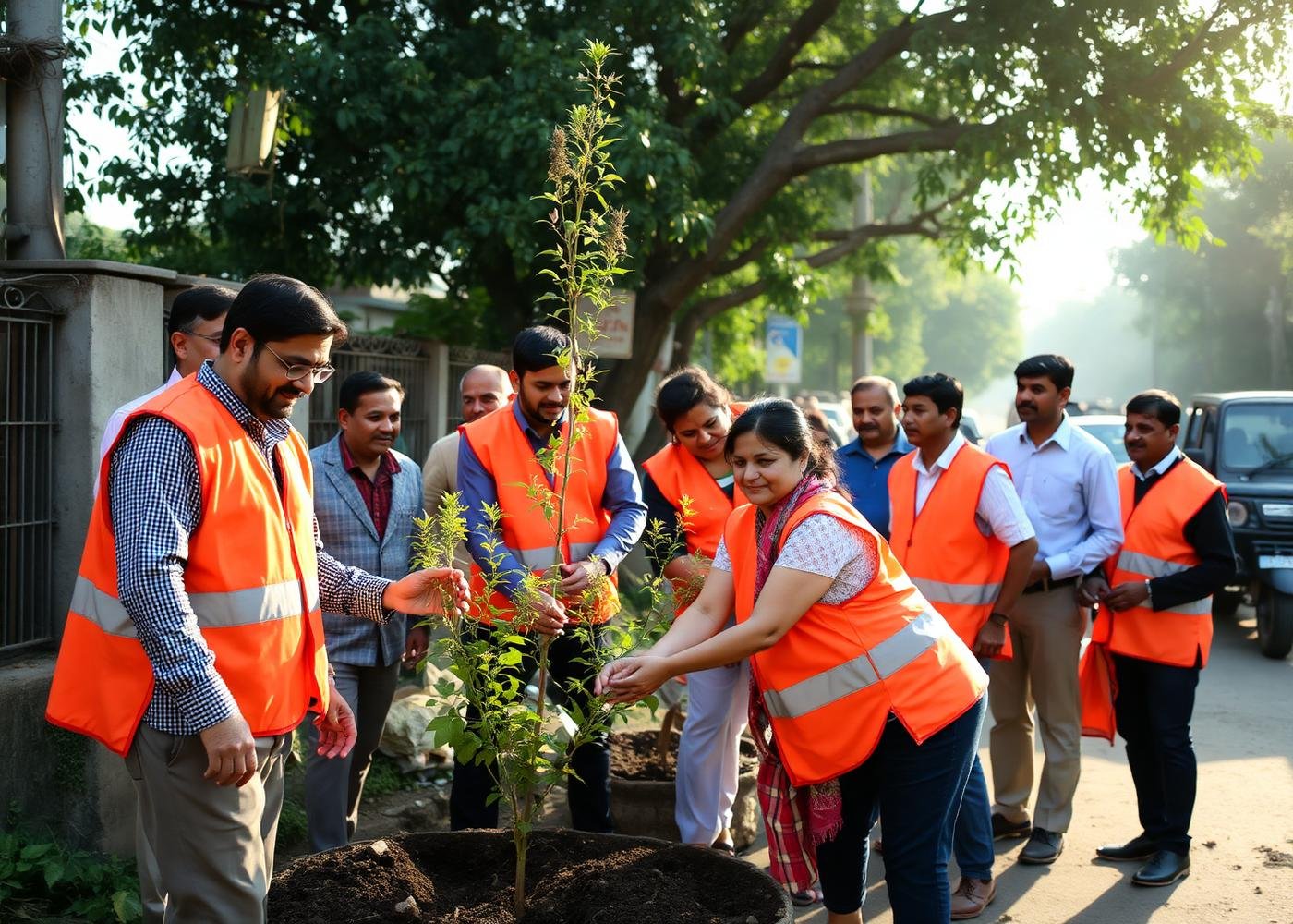 Community volunteers planting trees together on a Noida / Kanpur / Lucknow street